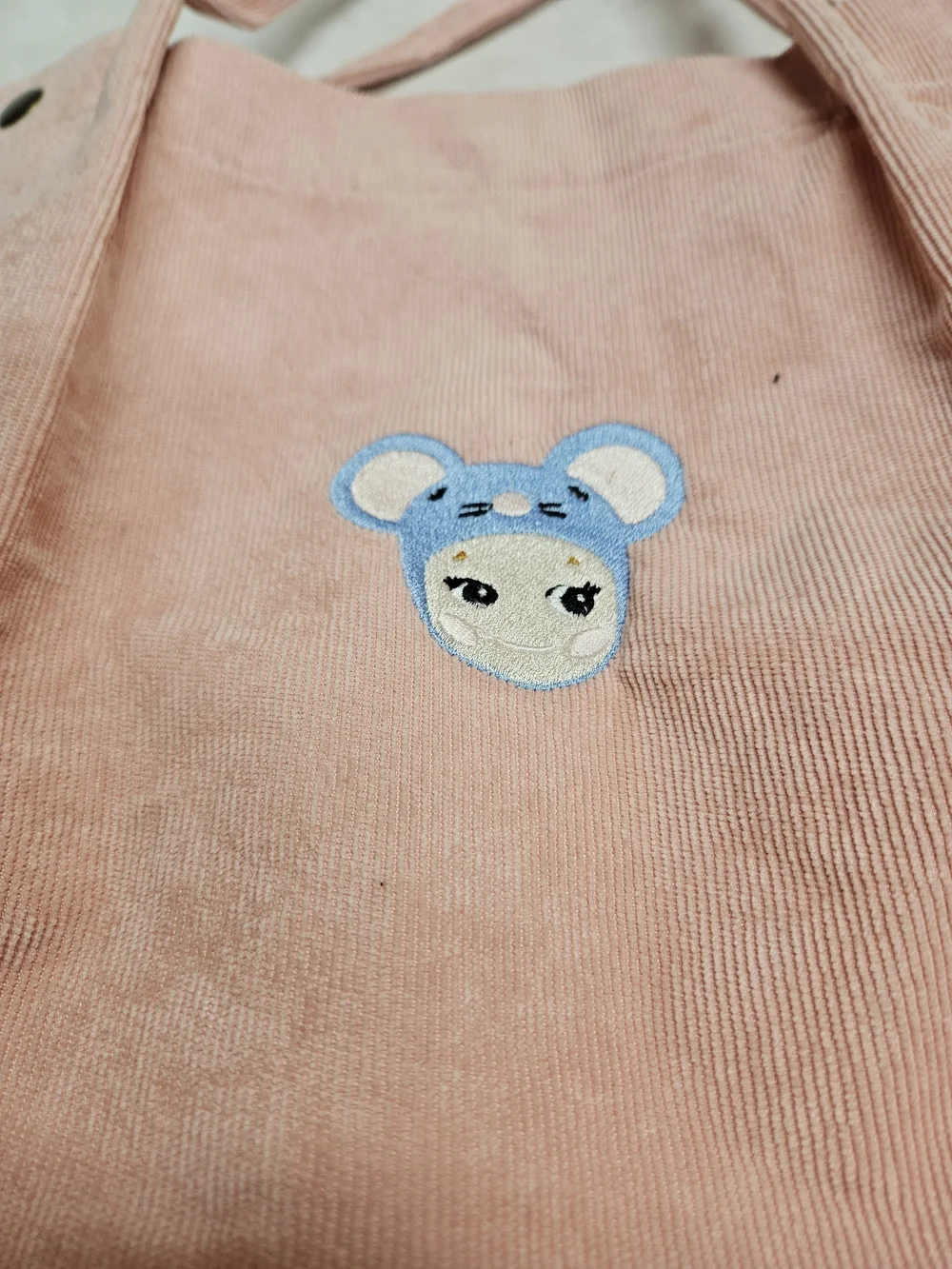 Pink Corduroy Tote Bag with Embroidered Sonny Angel Character